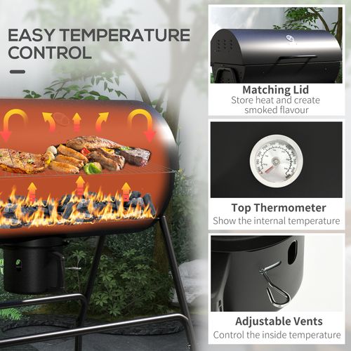 Outsunny Barrel Charcoal Barbecue BBQ Grill Trolley W/ Ash Catcher Thermometer