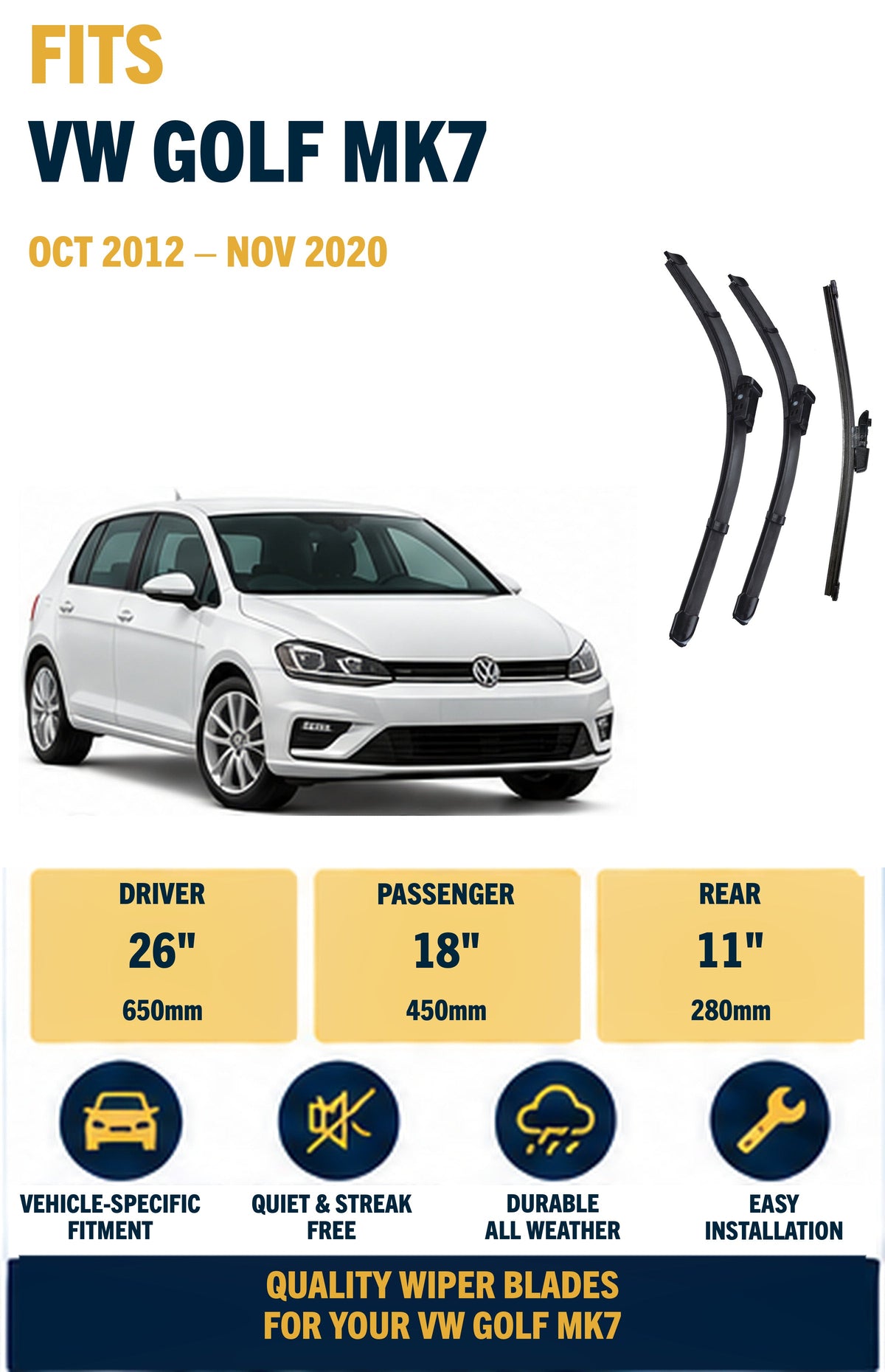 VW GOLF MK7 Hatchback Oct 2012 to Nov 2020 Wiper Blade Set