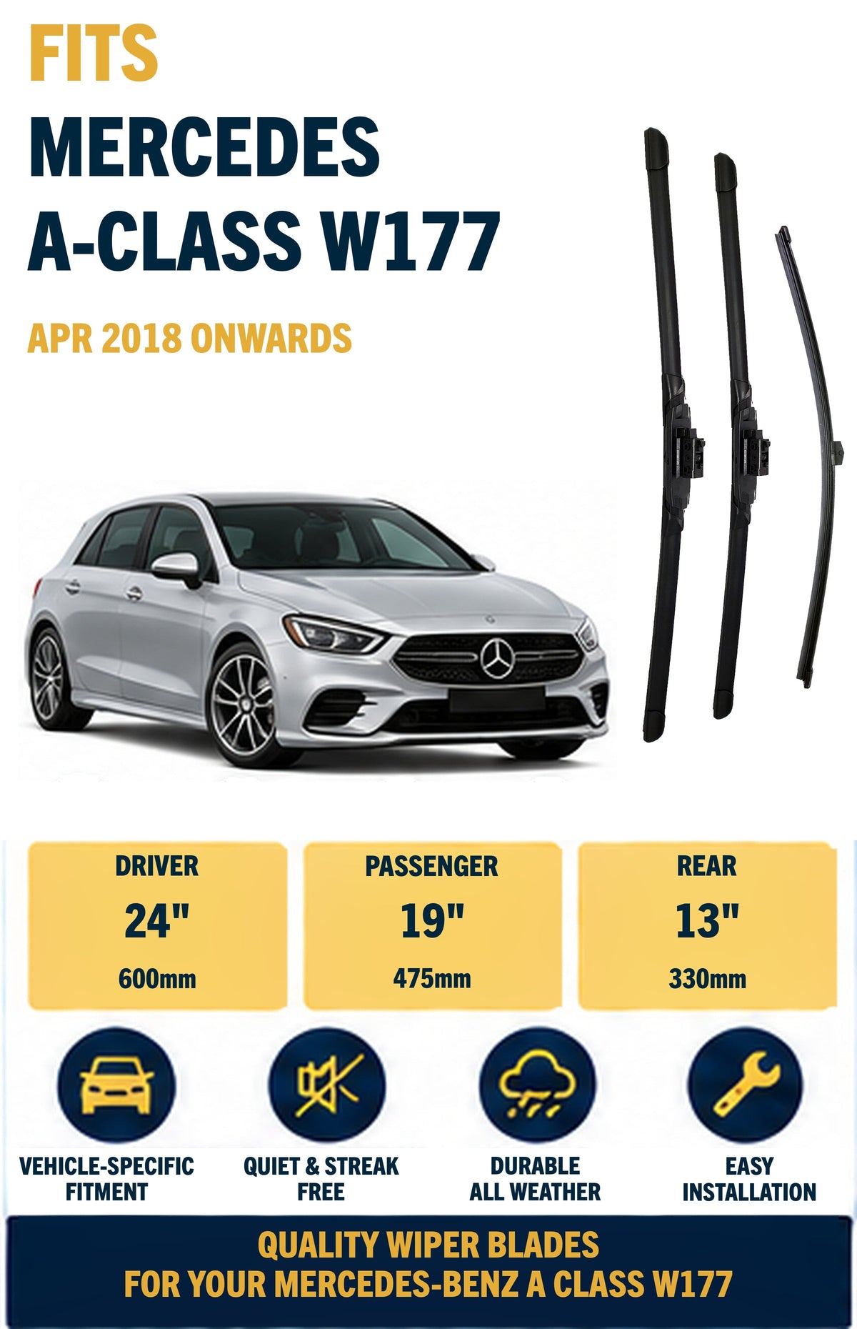 Mercedes-Benz A Class W177 Hatchback Apr 2018 Onwards Wiper Blade Set